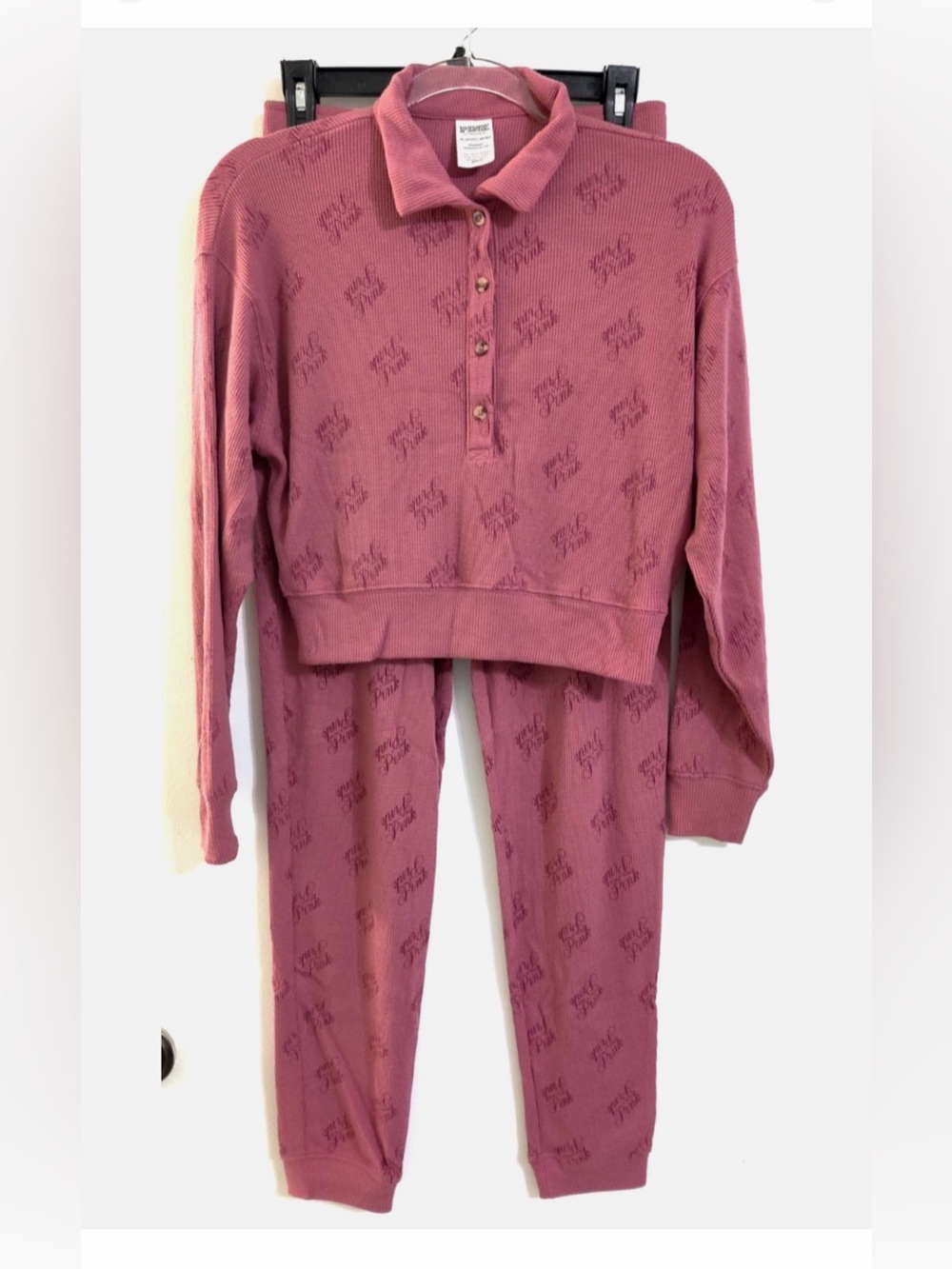 Victoria's Secret Burgundy Rose Ribbed Polo Pants Pajama Set